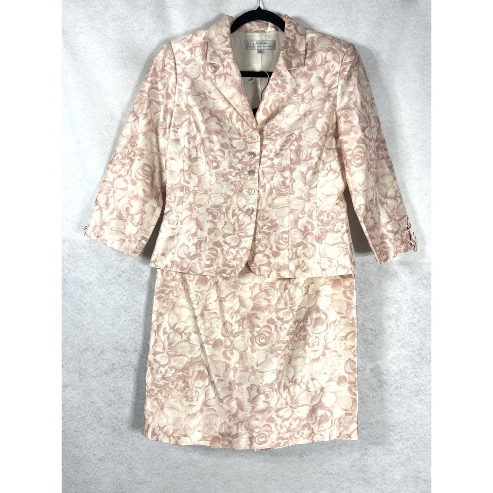 Tahari Asl 2PC Skirt Suit Womens 8 Blush Pink Blazer Buttons 100% Silk Floral